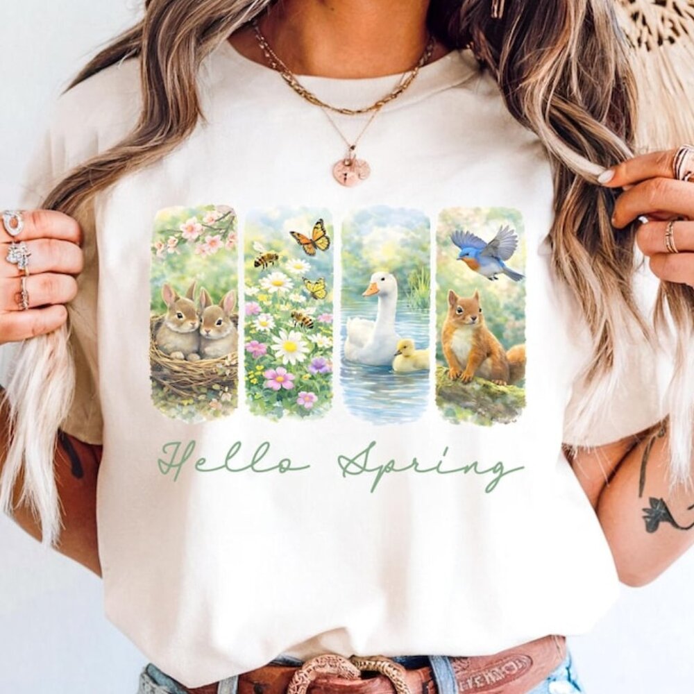 Watercolor Spring Animals Tee, Bunny Goose Bee Bird Nature Shirt